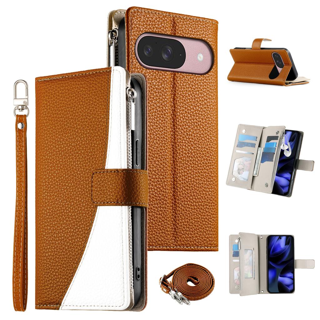 Leather Case For Google Pixel 10 Pro/10/9 Pro/9 Zipper Wallet Color Splicing Flip Phone Cover with Straps