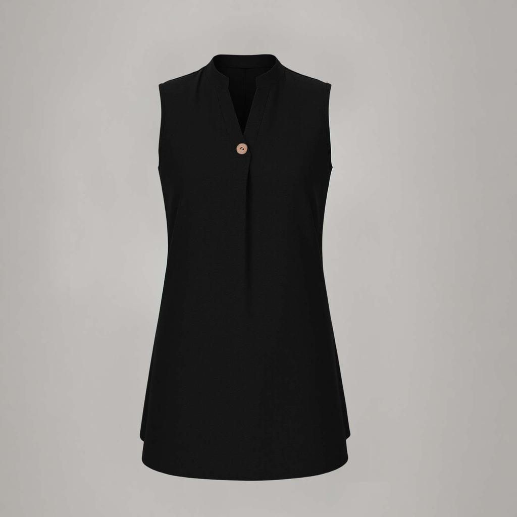 Vestido Mini de Lino sin Mangas con Cuello en V y Botones Estilo Holgado para Mujer Ropa Casual