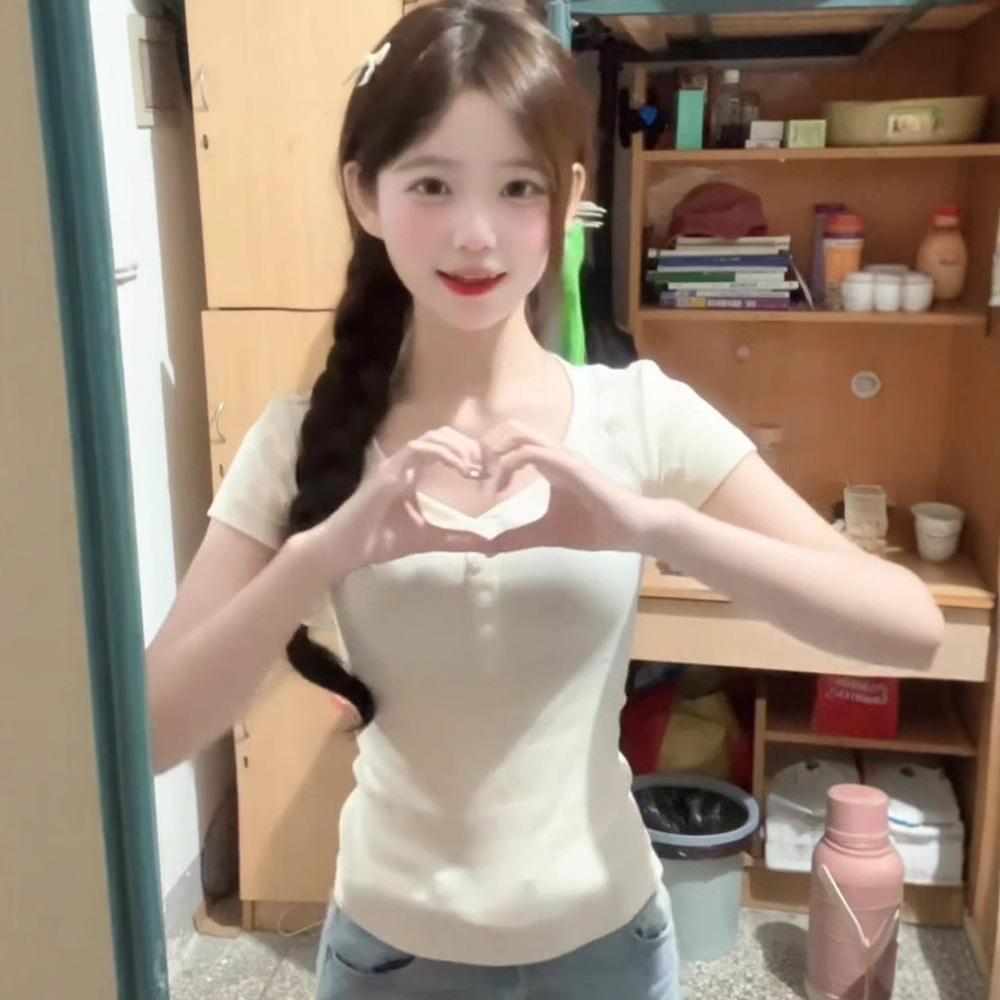 Sweet and Spicy Student Front Shoulder Short Sleeve T-Shirt Women's Summer Dopamine BM Bottom Shirt Short Versatile Slim Top