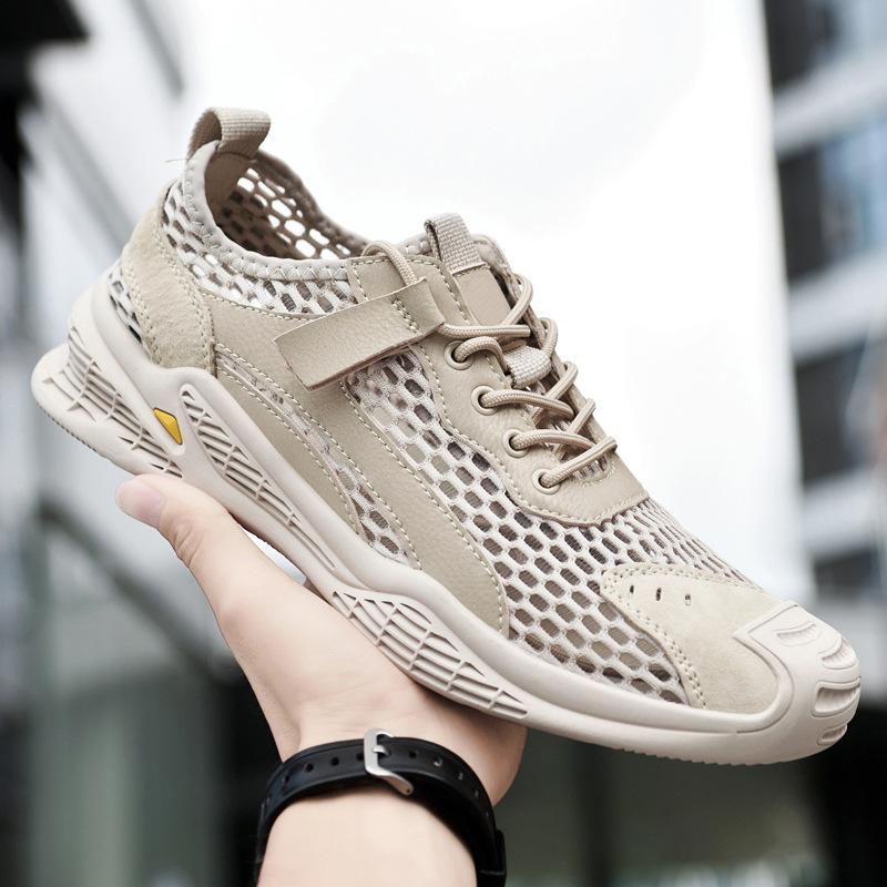 

Европейская станция мужские туфли кожаные вставки большие глаза сетчатые дышащие летние 2025 сетчатые туфли с пробивными отверстиями обувь для отдыха на открытом воздухе мужские 38 песочный