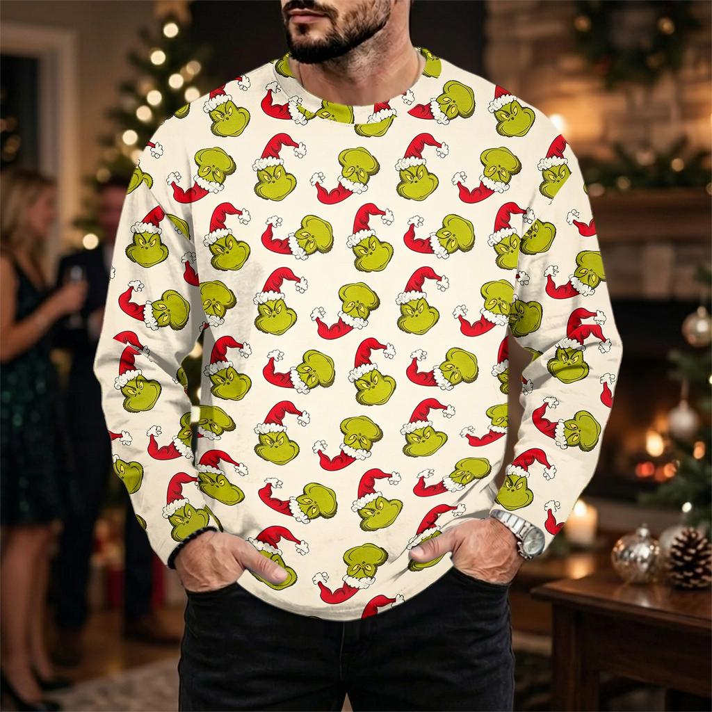 Men's Plus Size Loose Fit Casual Neck Long Sleeve T-Shirt with Christmas Print for Fall and Winter