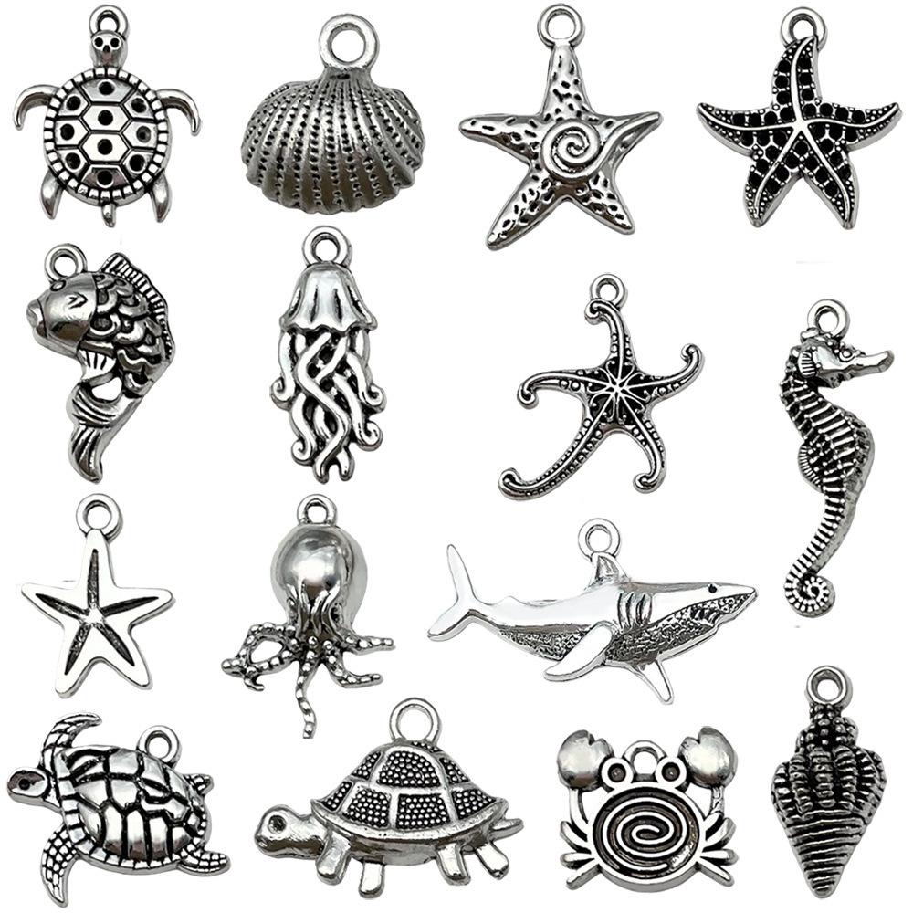 Antique Silver Ocean Starfish, Seahorse & Shark Pendant Charm for DIY Jewelry