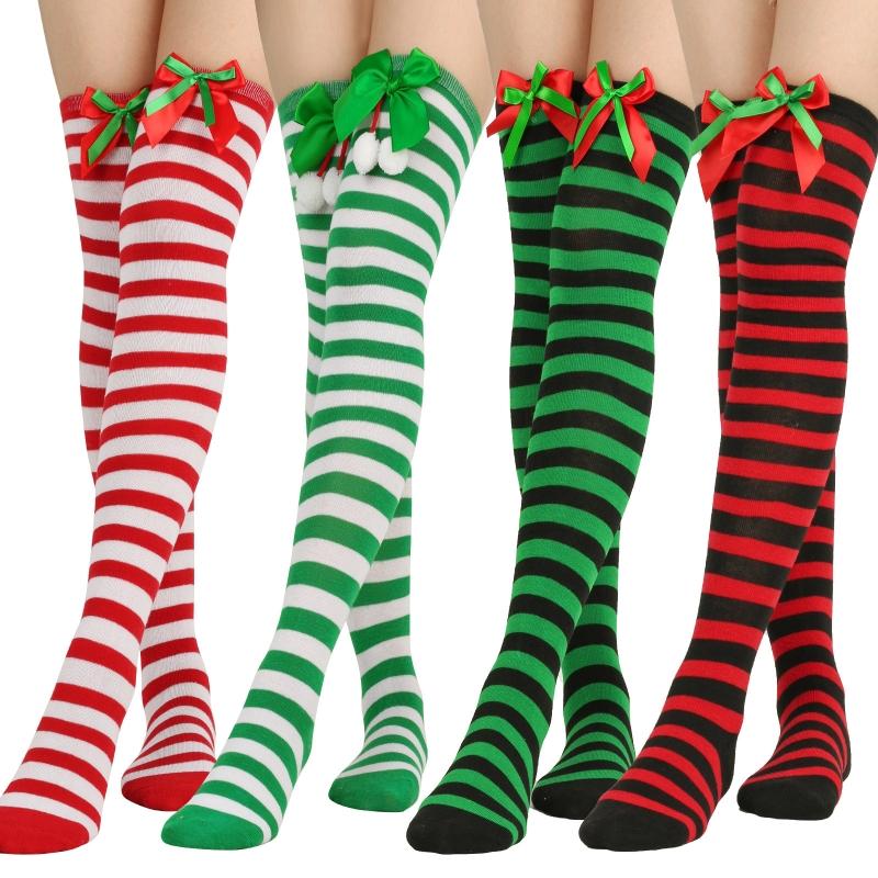 Striped Stockings For Women Over The Knee Long Socks Christmas Green Red Bowknot Long Socks Female Leg Stocking