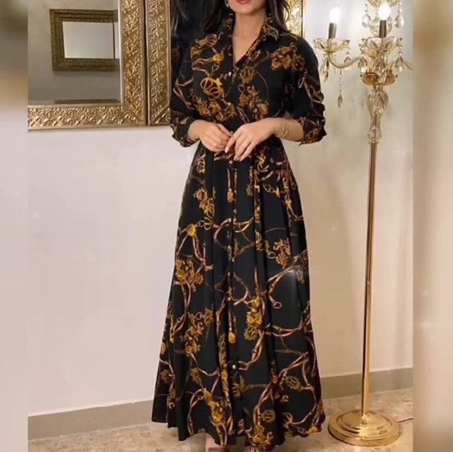 2025 Elegantes langes Robenkleid mit französischem Retro-Print für Frühling und Herbst - Neue modische muslimische Damenbekleidung