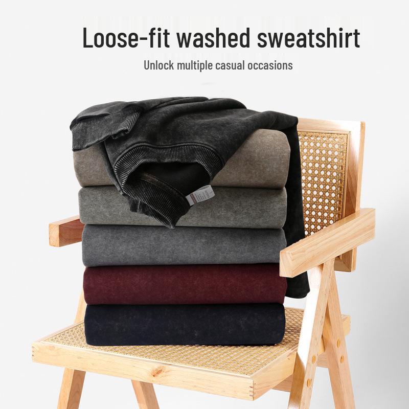 New 350g heavy-weight distressed round neck sweatshirt with snowflake print, European and American loose fit, long-sleeved