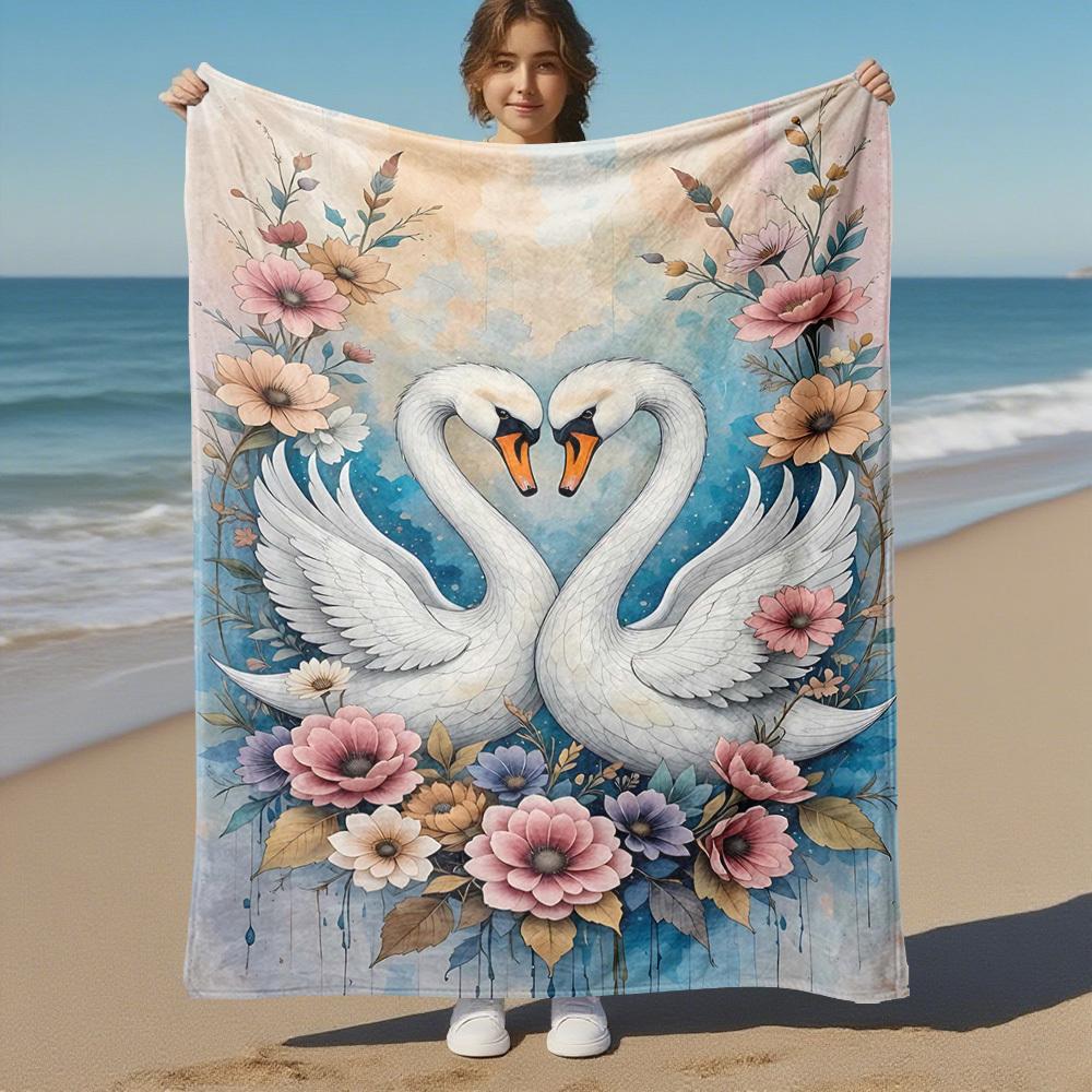 1pc Swans Flowers Outdoor Flannel Blanket Soft Warm All-Season Throw for Sofa Bed Car Camping Office, Cozy Gift Idea1134S