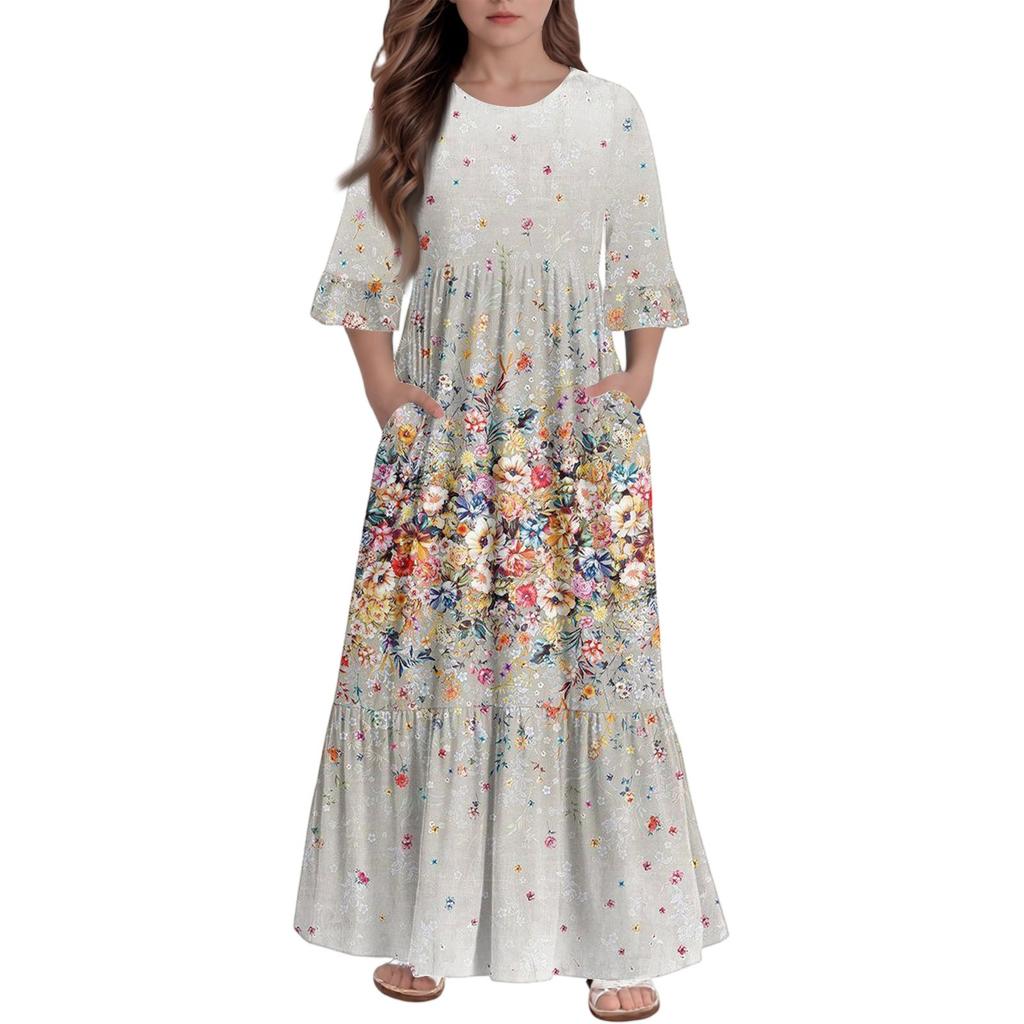 Mädchen Stufenkleid mit Rüschen - 3/4 Ärmel Taschen Maxi mit Taschen