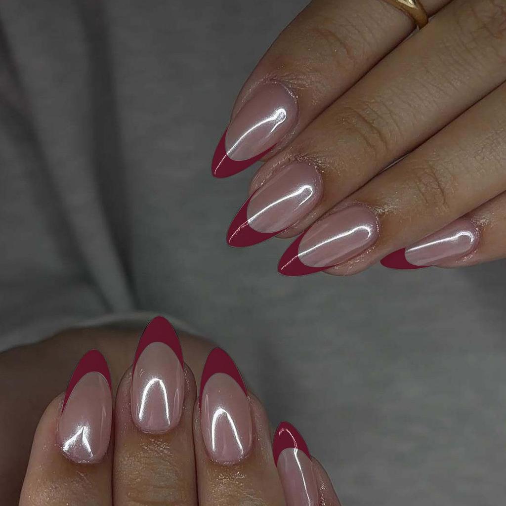 Hochwertige tragbare künstliche Nägel im Mandel-Nude-French-Stil – mittellange und lange Nagelspitzen