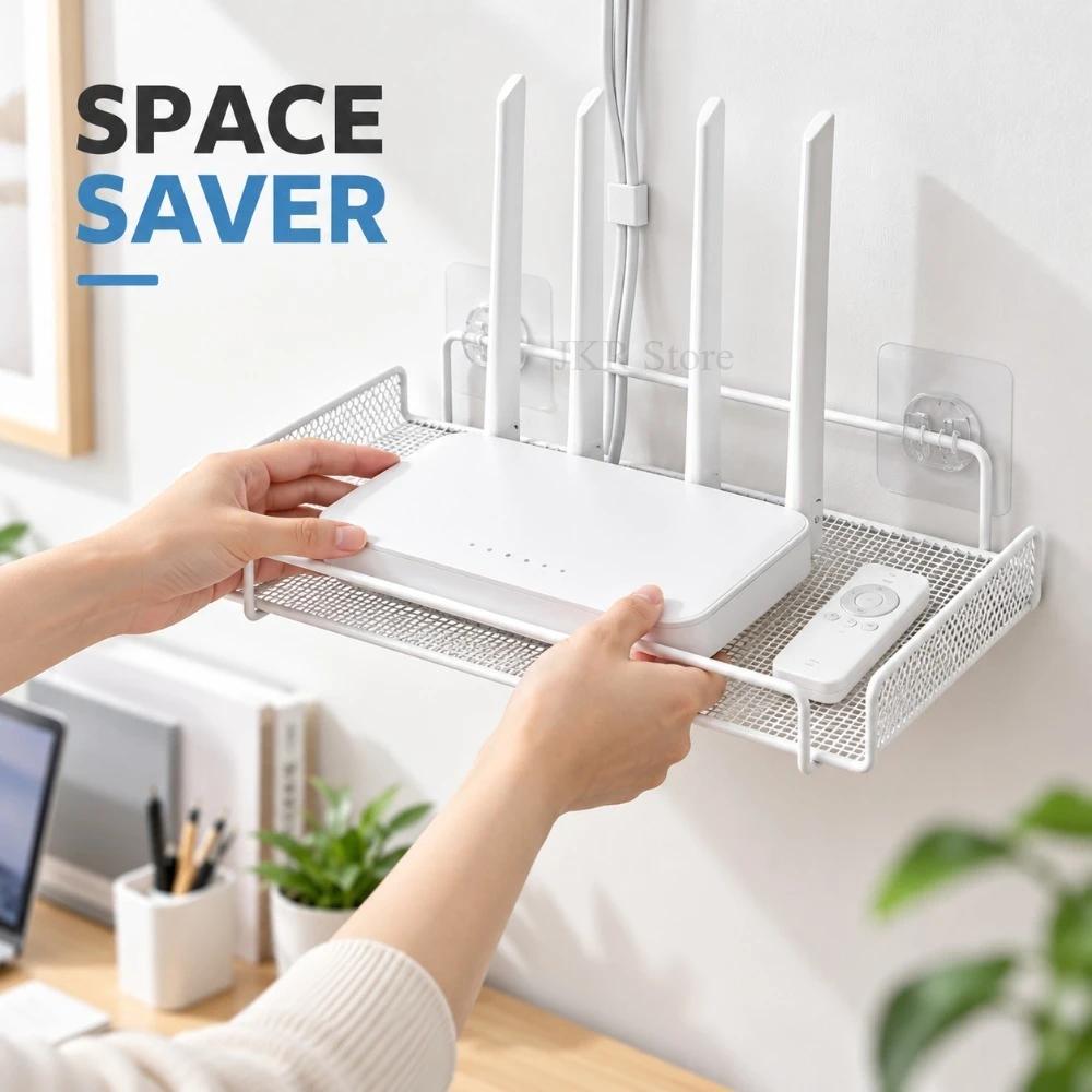 Wall Mounted Router Storage Shelf Stainless Steel No Drill WiFi Organizer Rack for Home Office Bathroom and Kitchen