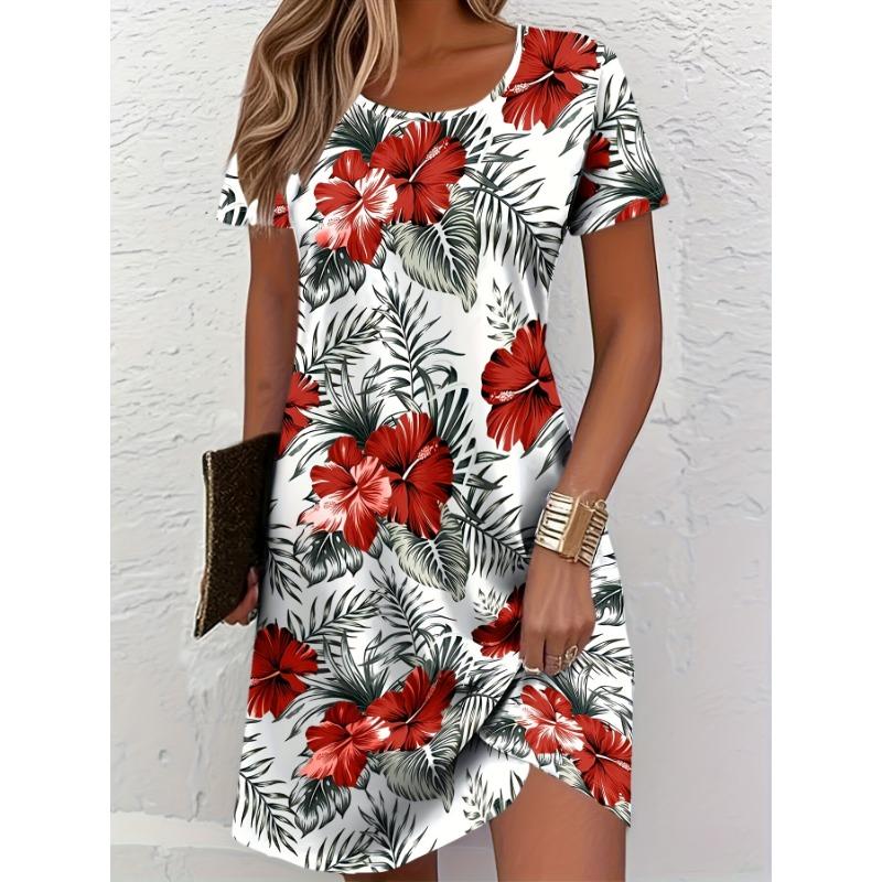 Tropical Leaf Print A-Line Dress - Vacation Style