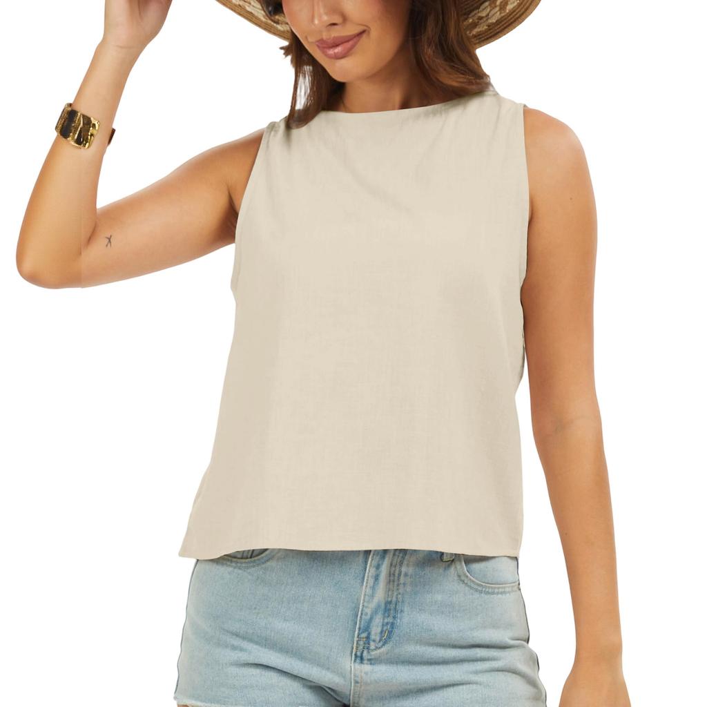 Women Sleeveless Linen Cotton Blend Crew Neck Tank Top Casual Loose Fit Blouse Lightweight Basic Shirt for Summer Daily Wear