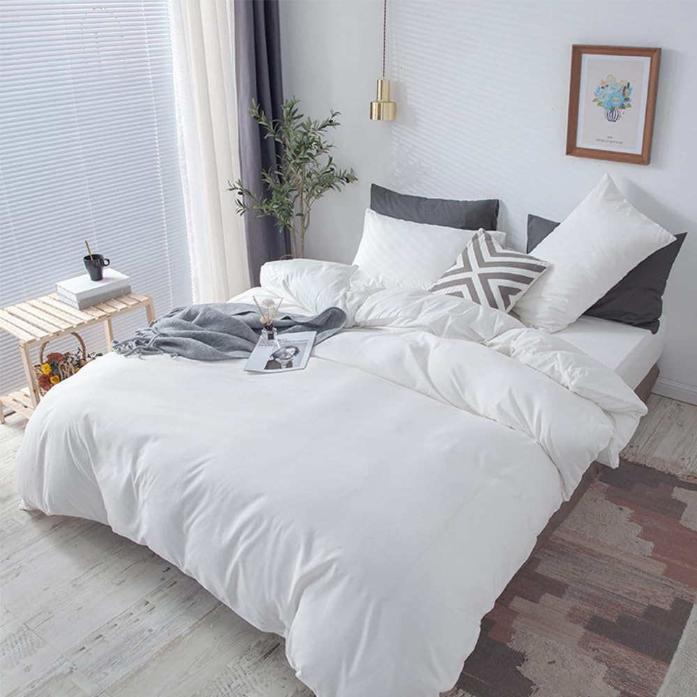 

Хлопковое постельное белье, подходящее для западного и японского стиля, однотонное, включает пододеяльник, простыню на резинке и устойчивое к пылевым клещам, 100% полуторный 4-предметный набор, Кровати, белый