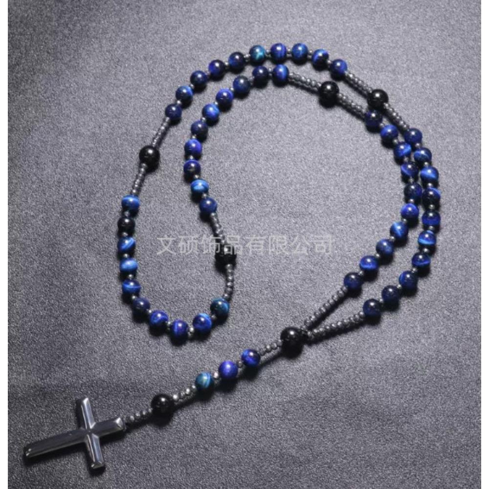 Collier pendentif croix en pierre naturelle, Croix en pierre d'œil de tigre et fer à bille chapelet collier pour homme