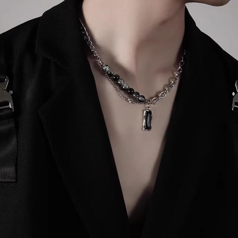 Men's High-End Black Gemstone Pendant Necklace - Trendy Original Design for Boys & Women