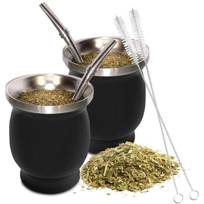 Mate de acero inoxidable de 230 ml, taza de té portátil de doble pared de 8 oz, calabaza mate con bombillas y cepillo de limpieza, 1 pieza