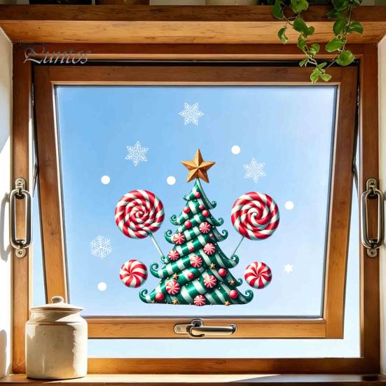 Durable Holiday Window Displays Candy Christmas Tree Static Sticker, Waterproof PVC Removable Decorative Gifts for Friends Glass Clings, Decal