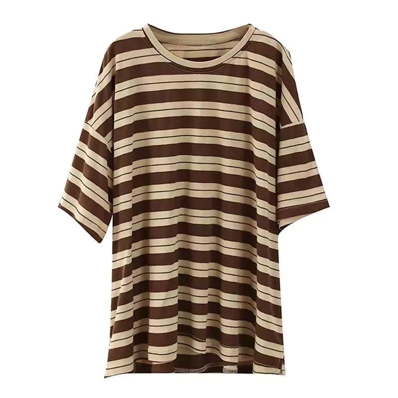 T-shirt for Women Summer Large Size Cotton T-shirt Soft Loose Striped Casual Pullover T-shirt Top