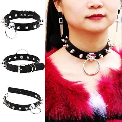 3 Colors Retro Punk Style Big Round Pendant Rivet Decorative PU Leather Necklace Choker