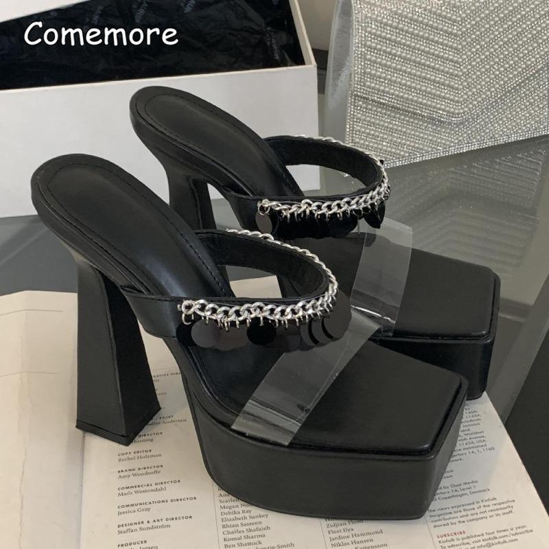 15cm Nachtclub Party Kleiderschuhe für Damen Mode Silber Klobiger Absatz Plateau Sandalen Klare PVC-Riemen Quadratische Zehenpartie Sandalen