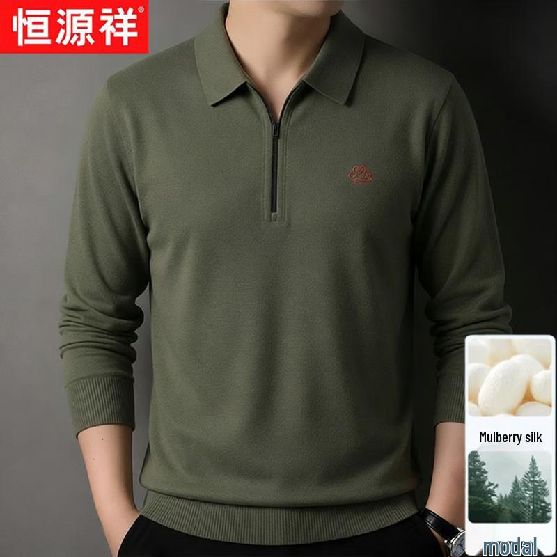 Hengyuanxiang Men's Wool-Silk Blend Half-Zip Polo Shirt