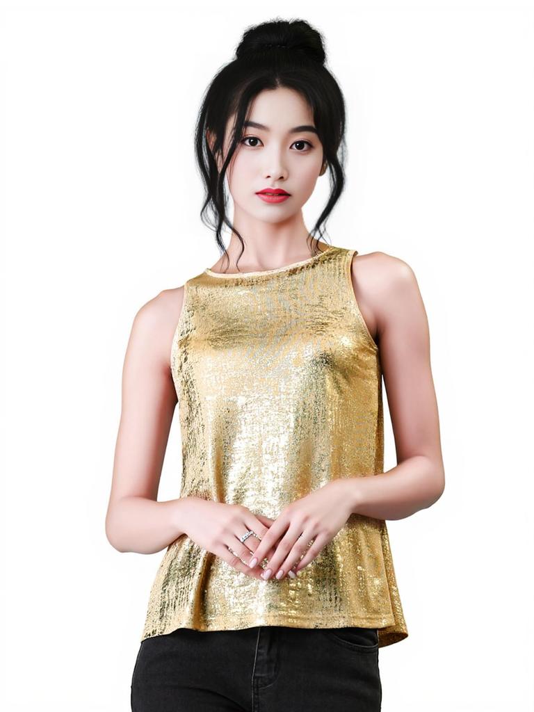 Allegra K Sequin Tank Metallic Shiny Sleeveless Christmas Dance Slim Light Size XL Top, Top, Costume, Fit, Women's, Gold,