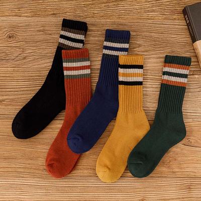 Winter Men's Cotton Tube Socks Harajuku Retro Thick Warm Striped Plus Size Long Terry Socks 5 Pair