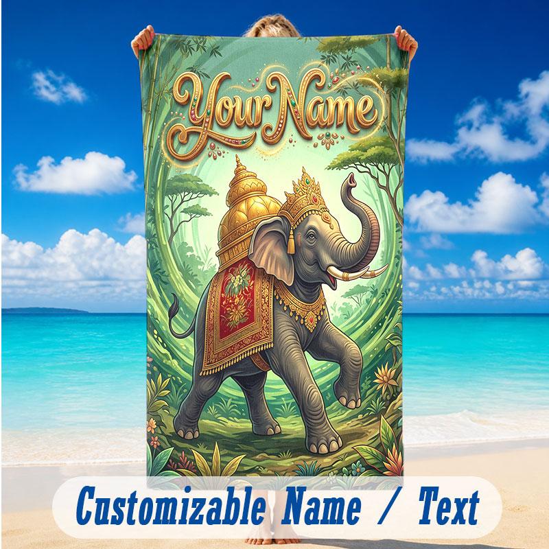 Elephant Theme Beach Towel Personalized Custom Name & Text Soft Quick Dry Beach Towel for Swimming Travel