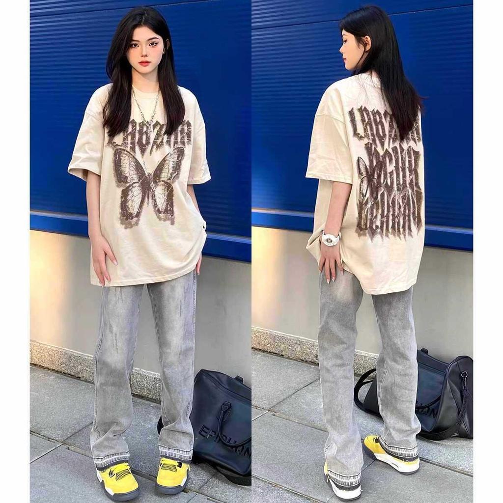 Women's Plus Size Butterfly Print Cotton T-Shirt, Short Sleeve, Slimming & Loose Fit, Versatile for Couples