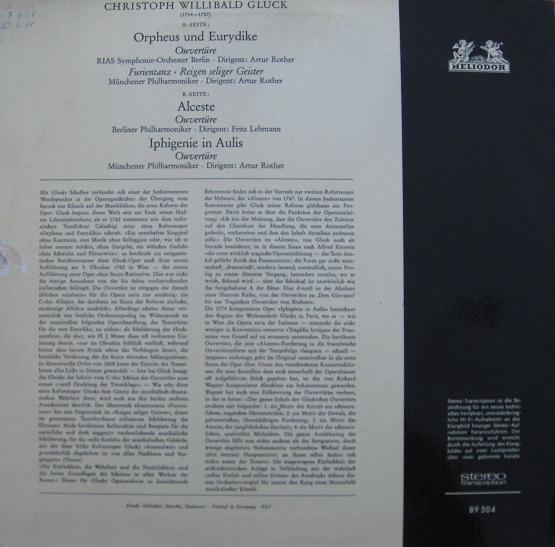 

LP Record CHRISTOPH WILLIBALD GLUCK Orpheus Und Eurydike Alceste Ip 89504 Heliodor 1965 Germany Classical Used