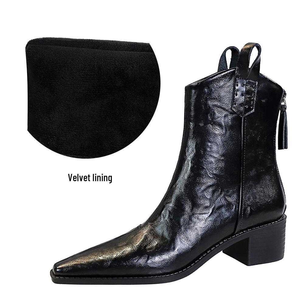 578-10 Retro Hand-Scratched Women's Ankle Boots, European & American Style, Winter Chunky Mid-Heel, Pointed Toe Short Knight Boots