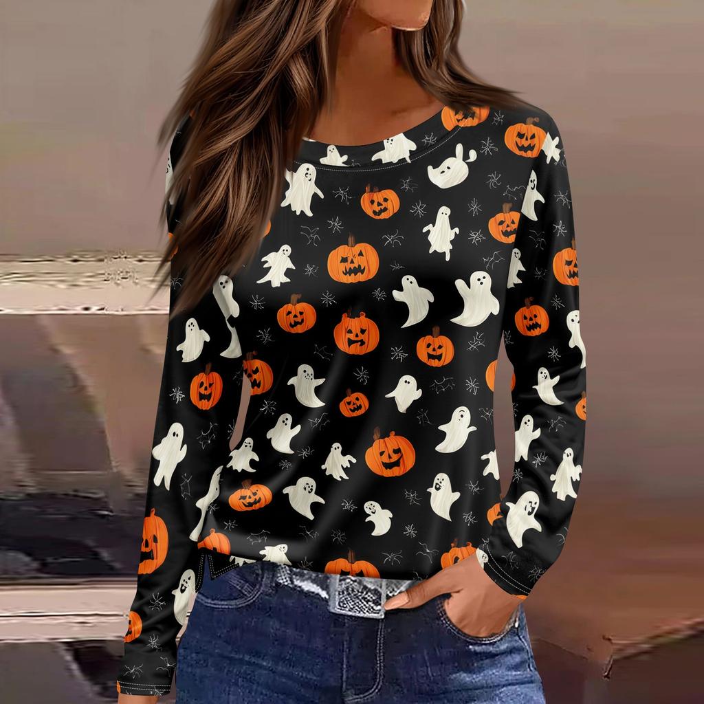 Women's Halloween Print Long Sleeve Top with Round Neck and Hem Slit