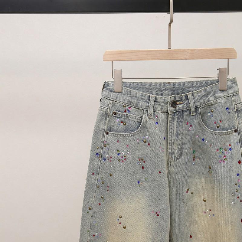 Womens High-Waisted A-Line Wide-Leg Denim Pants Winter Casual Chic Relaxed Fit Cotton Blend