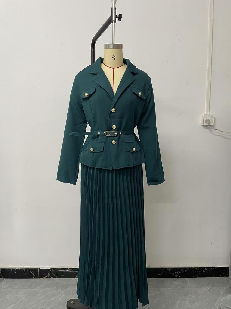 2025 spring new European, American Amazon foreign trade cross-border solid color temperament lapel suit pleated skirt set