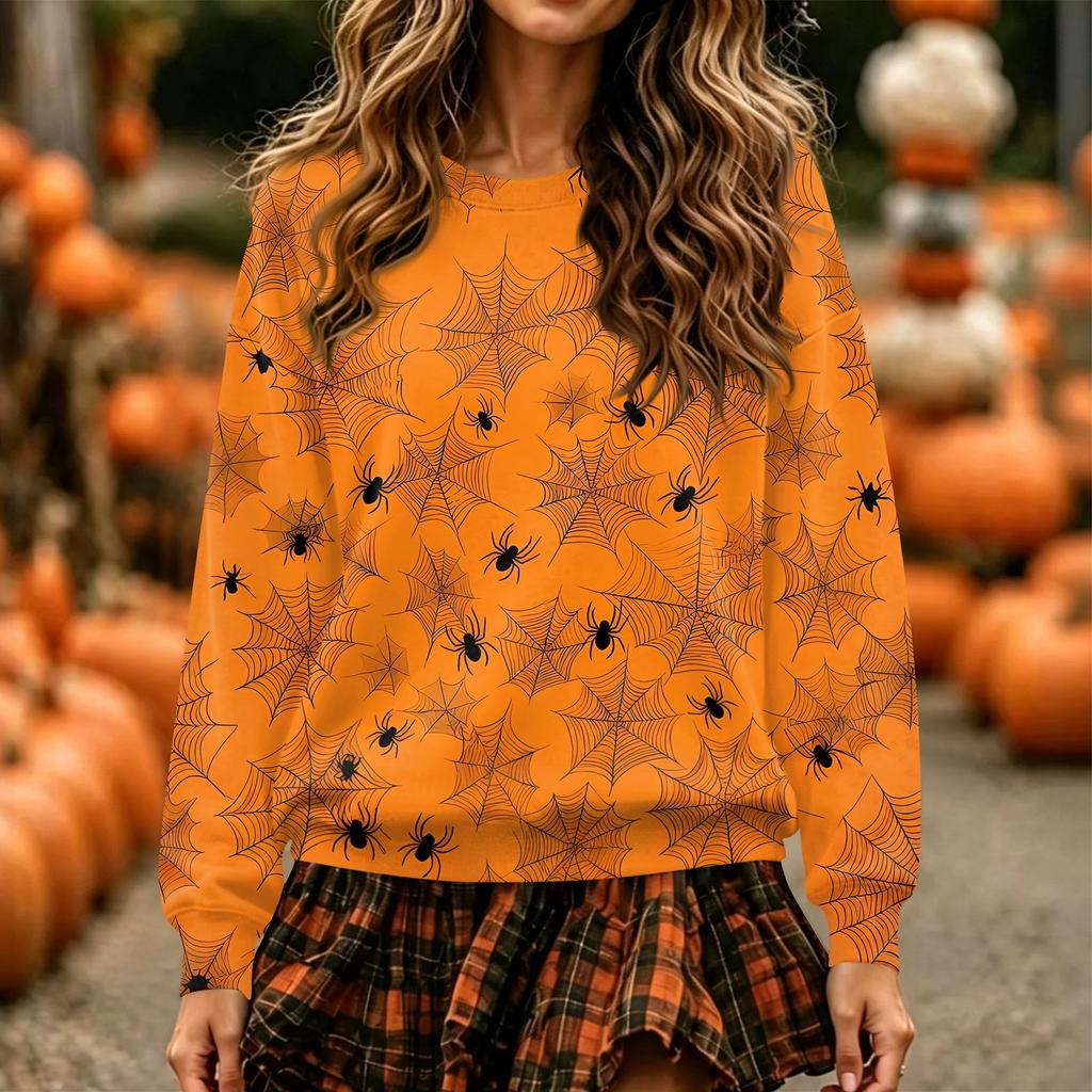 Women's Long Sleeve Halloween Print Neck Pullover Sweatshirt Top