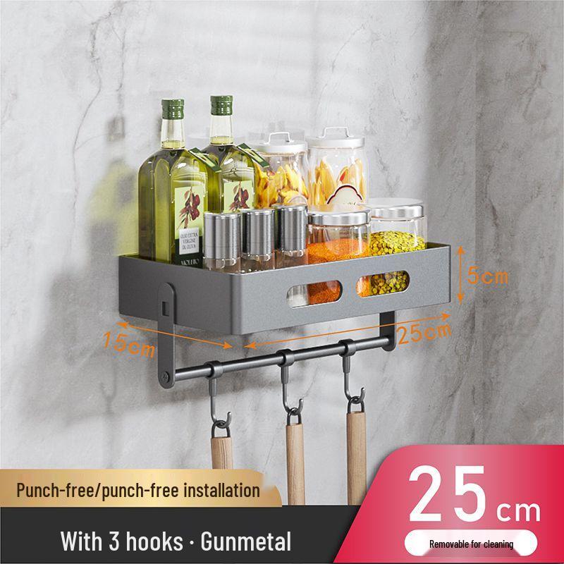 Charlotte Gunmetal Grey Wall-Mounted Kitchen Storage Rack with Seasoning Jar Organizer, Punch-Free