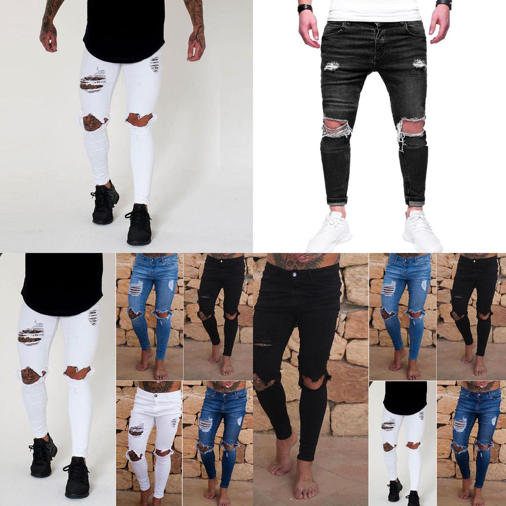 Premium Quality Slim Destroyed Stretchy Ripped Skinny Biker Jeans For Men Taped Fit Denim Pants