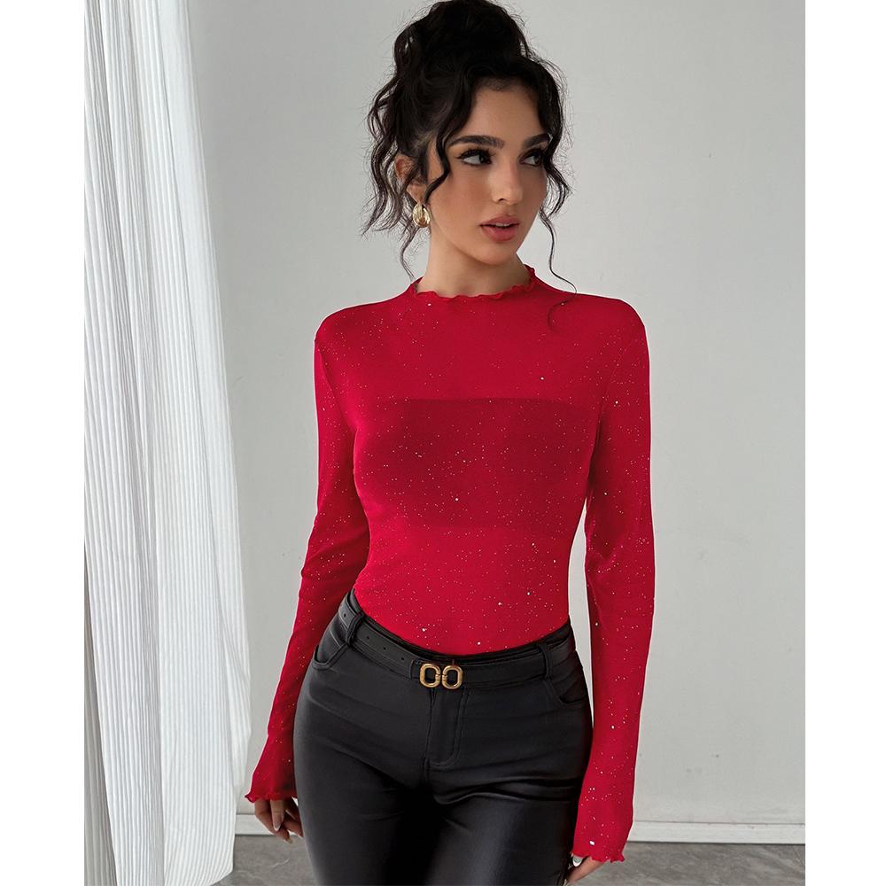 

Women Long Sleeve Mesh Top Going Out See Through Tops Casual Mock Neck Slim Fit Solid Shirts L
