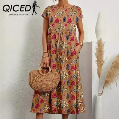 Modisches, lockeres Sommerkleid aus Baumwolle und Leinen für Damen mit Rundhalsausschnitt und Aufdruck