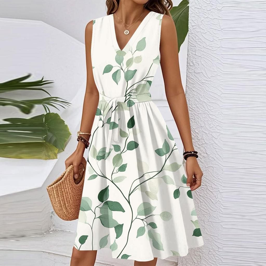 Damen Sommer Mode Locker V-Ausschnitt Ärmellos Schnürkleid mit Blumendruck