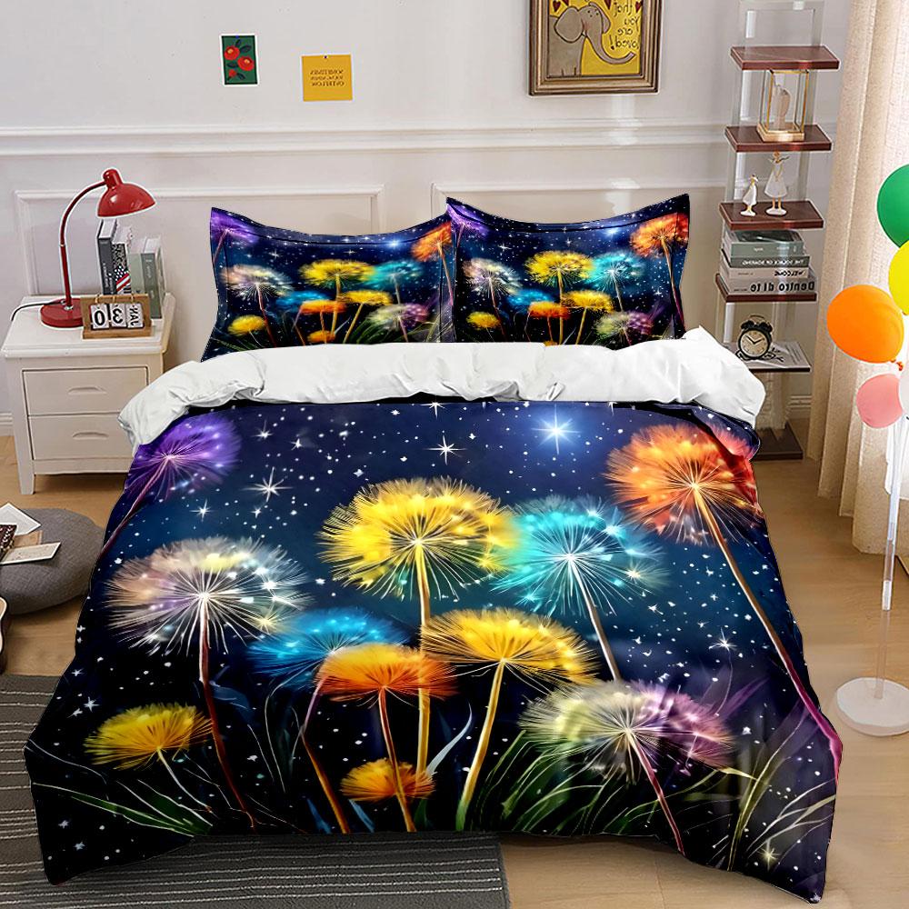 "Colorful Dandelion Starry Night Decor" Bedding Set with 1 Duvet Cover 2 Pillowcases Single Double King Queen, Gift