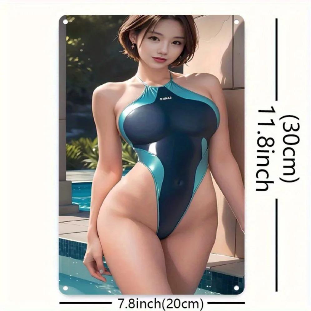 Vintage Metal Wall Art Blue Bikini Summer Pool Retro Decor 8x12 Inch