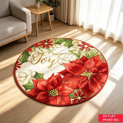 Christmas Poinsettia Round Area Rug, Red White Flower Berry Leaf Printed Circle Carpet, Non-Slip Floor Mat For Holiday Home
