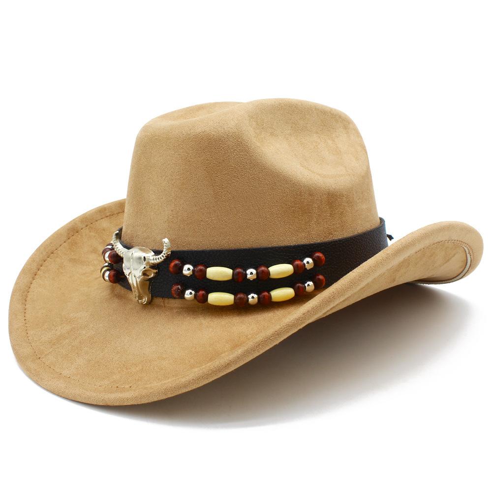 European and American Retro Ethnic Style Suede Top Hat Fashion Big Eaves Western Cowboy Hat Personalized Bull Head Tibetan Jazz Hat