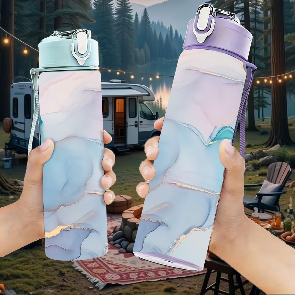 1PC Lilac Blue Ink Marble Pattern 750ml Color Plastic Sports Water Bottle Leakproof Flip Straw Lid Suitable for Sports Office Home Use
