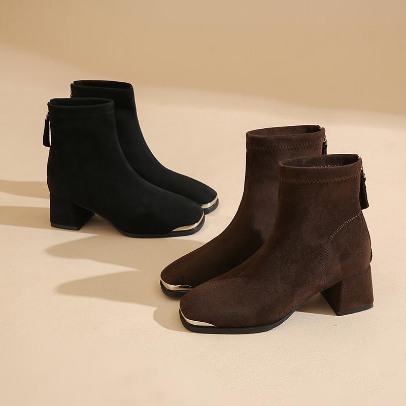 Mode Französisch Retro Eckige Zehen Blockabsatz Stiefeletten Damen 2025 Neu Herbst Vielseitige Mode Hohe Absatz Stiefel