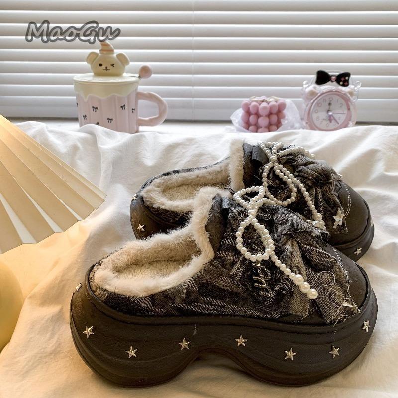 Pantuflas Mujer Beaded Bow Plush Slide Slippers Women's Autumn Winter Fuzzy Cotton Slippers Non-Slip Fashion Shoes for Women