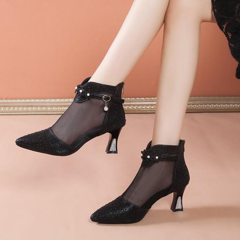 Fashion 2025 Summer New Women Fashion Pointed Mesh Breathable Rhinestone High Heel Korean Style Comfortable Cool Boots for Women Sandals