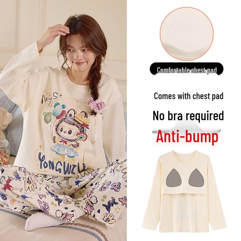 Piżama damska z długim rękawem i nadrukiem w kreskówkowe wzory, z wkładką na klatkę piersiową – uroczy komplet z okrągłym dekoltem do noszenia w domu lub na okrycia wierzchnie wiosną, jesienią i zimą