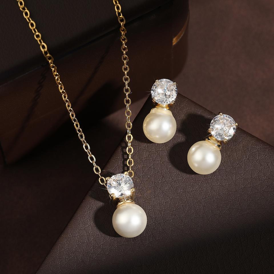 ZAKOL Elegant Round Cubic Zirconia Imitation Pearl Necklace Earrings For Women Bridal Wedding Party Jewelry Gift