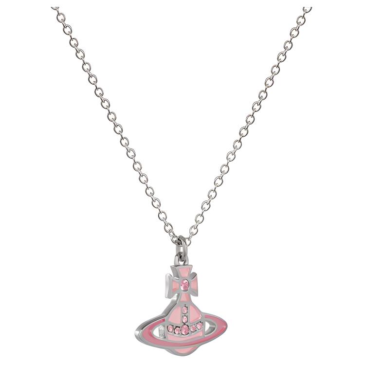 VIVIENNE WESTWOOD Concetta Pink Glazed Saturn Pendant Brass Enamel Crystal Metal Necklace Women Necklace Silver 630203F0-02P524